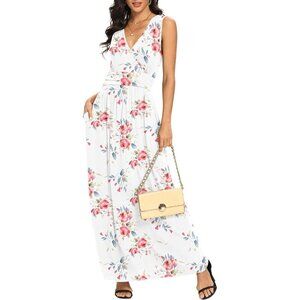 Women Flower White Deep V Neck Sleeveless Loose Plain Long Maxi Stretchy Dress